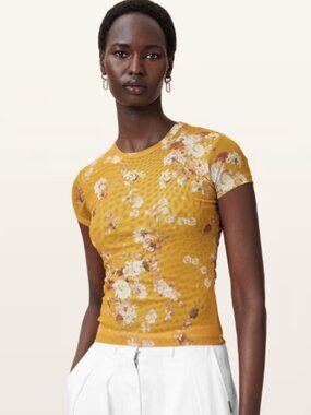 ALLSAINTS Ellie Floral Print Mesh T-Shirt in deep yellow, size 4